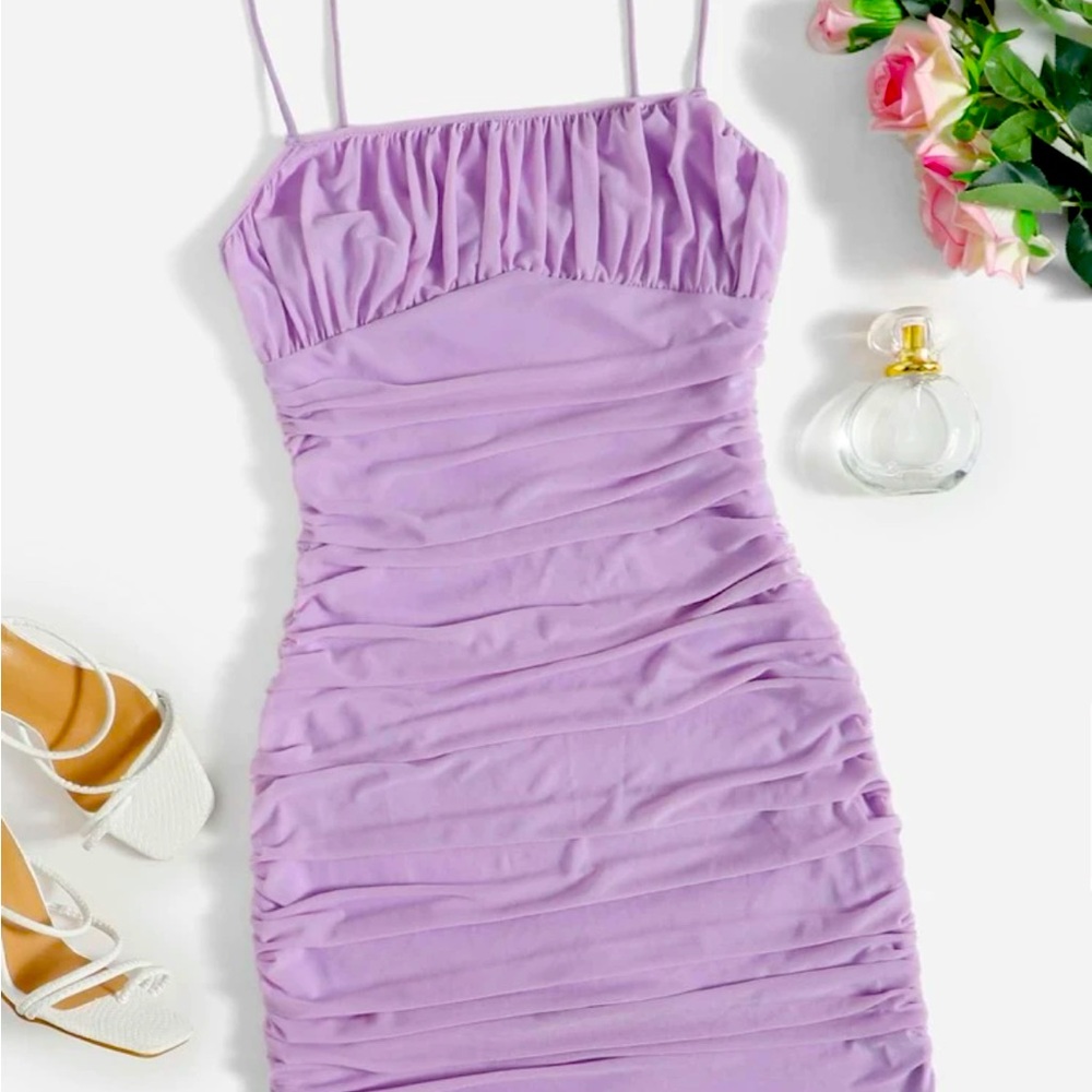 Solid Ruched Mesh Bodycon dress (purple/ lilac)